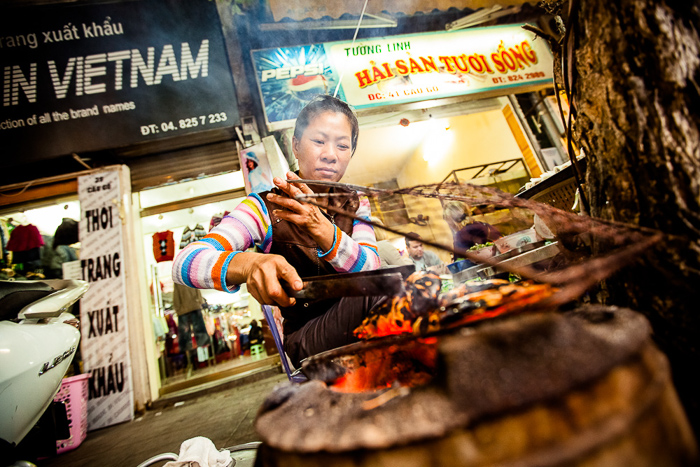 Grilled street food in Hanoi, Vietnam.